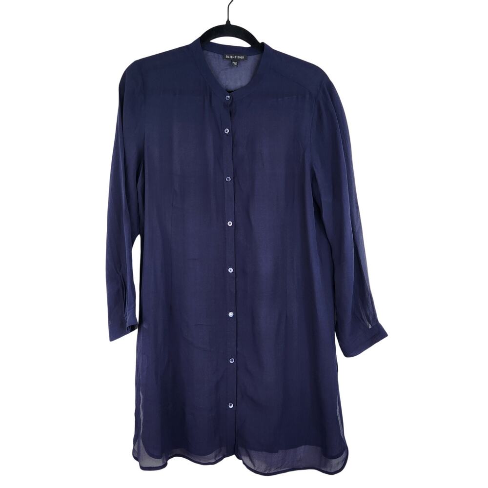 Eileen Fisher Navy Blue Sheer Tunic Button Down 100% Silk Women's Small